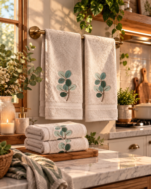 Neutral kitchen towels featuring sage green eucalyptus leaf designs displayed on a brass towel bar in a warm botanical kitchen.
