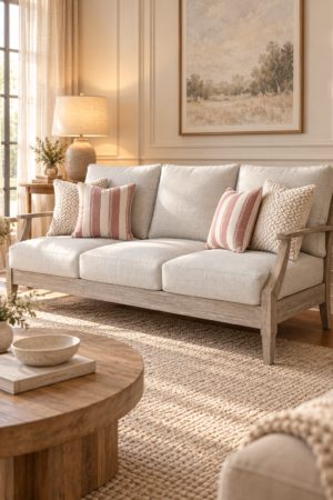 Cream upholstered sofa with exposed wooden arms and frame, styled with striped pillows on a textured rug in warm sunlight.