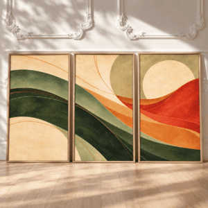 Three framed abstract panels in terracotta, green, and cream displayed above a wooden cabinet, featuring flowing curves and circular shapes.