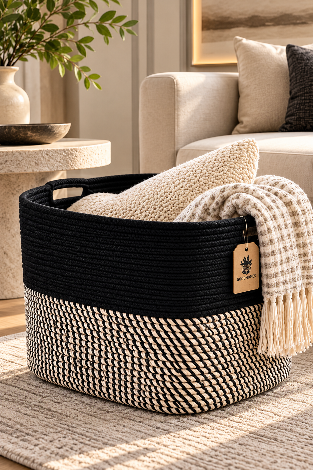 Black and cream woven basket with cutout handles, a solid black upper section, and patterned base, styled with an ivory cushion and fringed throw beside a sofa on a rug.