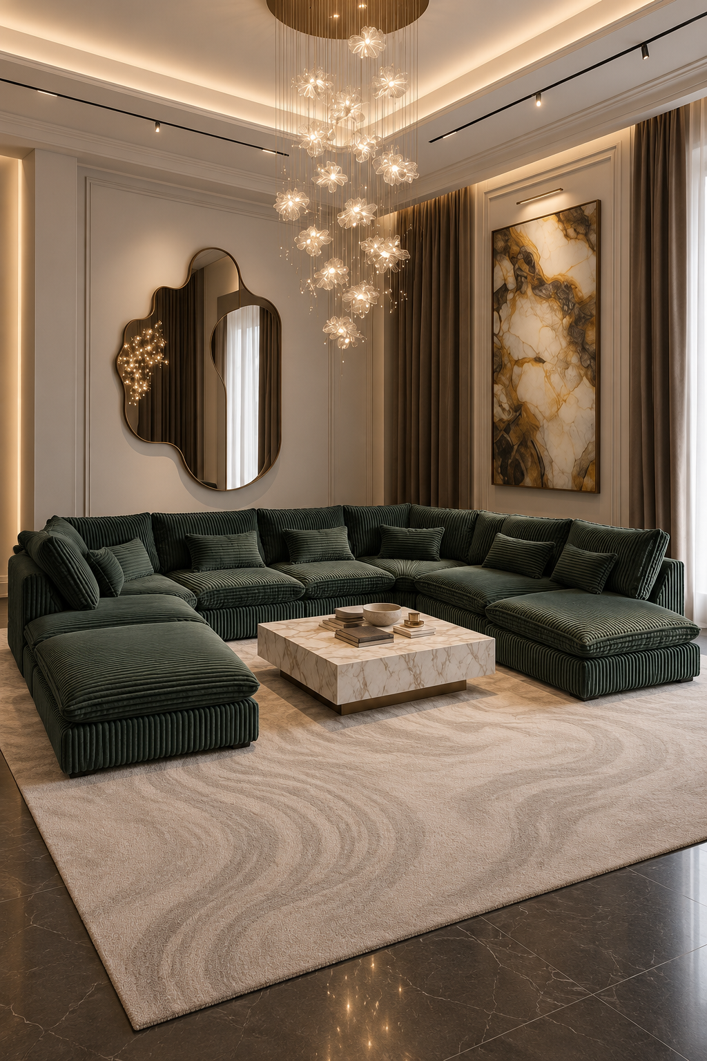 Forest green sectional sofa with double chaise seating surrounds a square coffee table beneath a chandelier in an elegant room.
