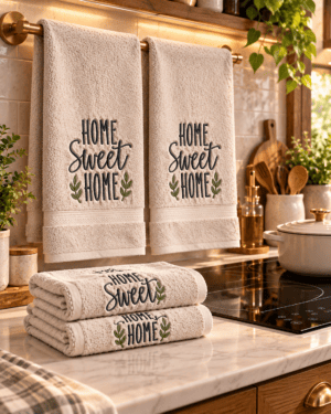 Neutral decorative kitchen towel featuring delicate botanical floral design displayed on a brass towel bar in a warm cozy kitchen.