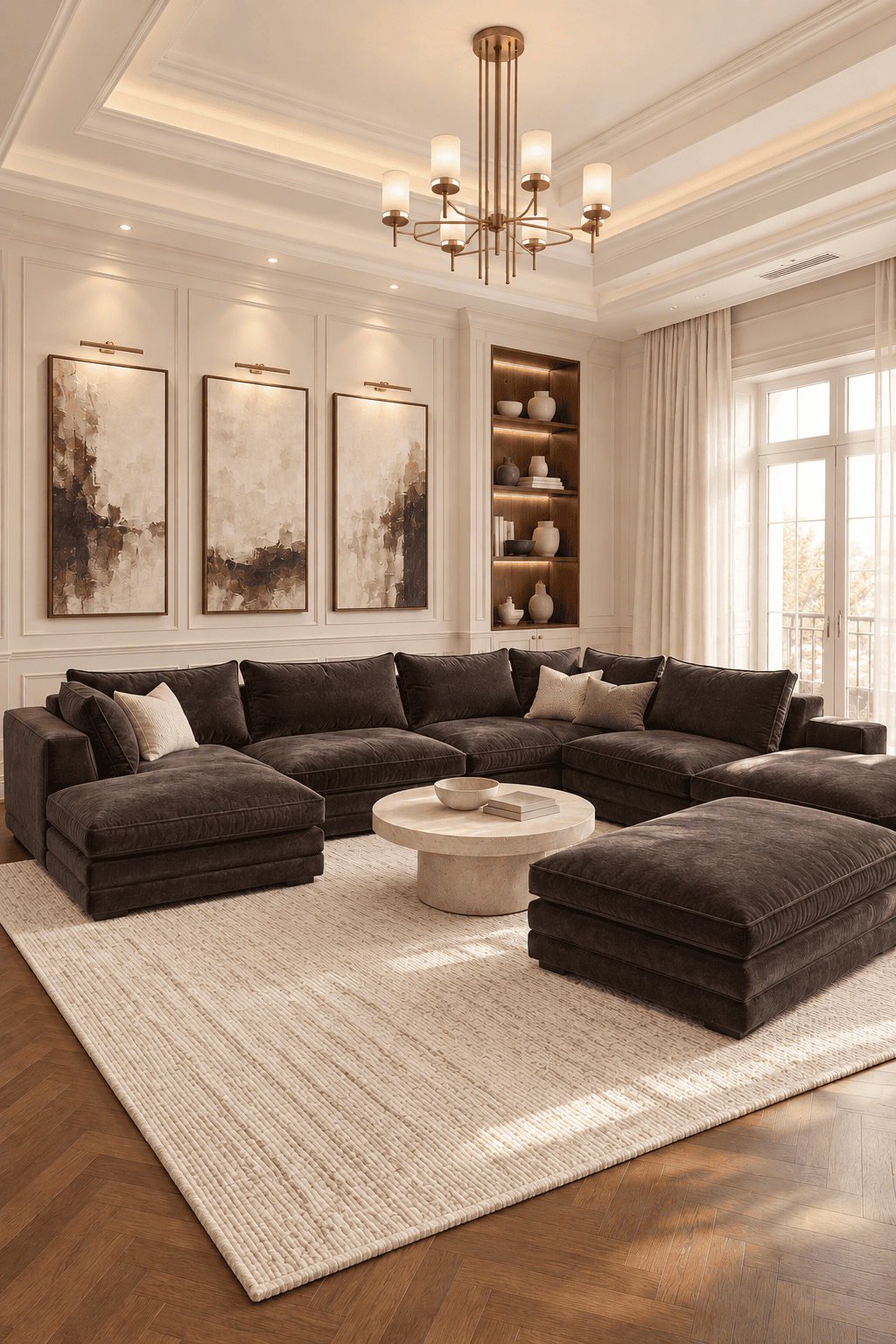 Dark brown sectional sofa with matching ottoman and cream pillows surrounding a round coffee table in an ivory living room.