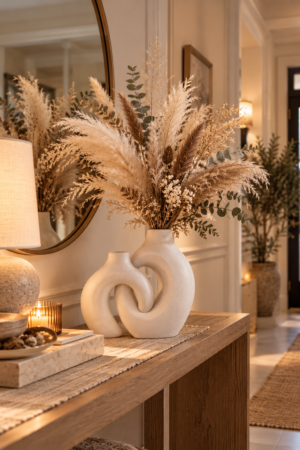 Modern white abstract ceramic vases with beige pampas grass, dried flowers, and eucalyptus greenery displayed on a wooden entryway console beneath a round mirror.
