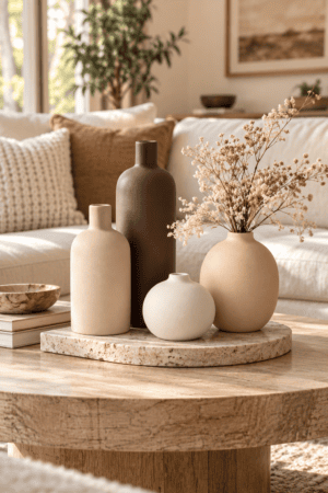 Modern neutral ceramic vase set featuring four beige, cream, and brown decorative vases with dried flowers on a stone tray in a cozy living room.