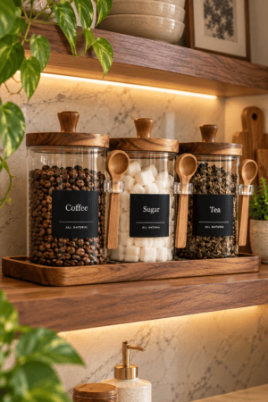 Three glass jars labeled Coffee, Sugar, and Tea feature wood toned lids, side mounted wooden spoons, and a matching tray, displayed on a wooden kitchen shelf beneath warm accent lighting.