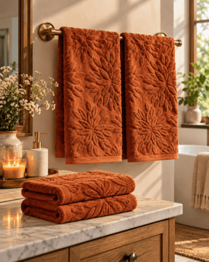 Terracotta textured bathroom towels featuring raised botanical leaf patterns displayed on a brass towel bar in a warm neutral bathroom.