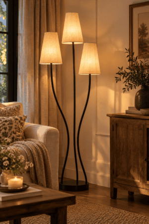 Three-light black floor lamp with curved stems and warm linen-look shades styled beside a neutral sofa in a cozy living room.
