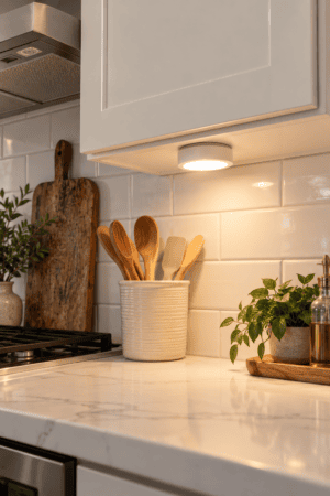 Round warm white LED under cabinet puck light illuminating a modern kitchen countertop with white cabinets and subway tile backsplash.