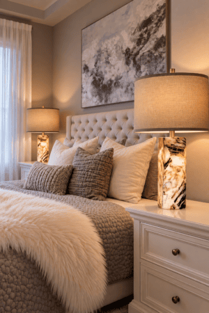 Two marble look bedside lamps with beige shades illuminate white nightstands beside a tufted bed, textured pillows, and abstract artwork.