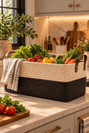 Large two-tone cream and dark brown woven rope storage basket with brown handles, filled with fresh vegetables on a marble countertop in a cozy modern farmhouse kitchen.