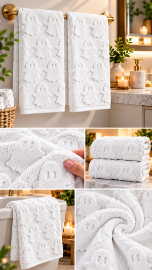 White fall bathroom towels featuring raised pumpkin designs with brown stems displayed on a gold towel bar in neutral decor.
